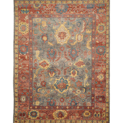 Area Rug, 9 x 12 ft, Hand-Woven Wool in Gray and Red