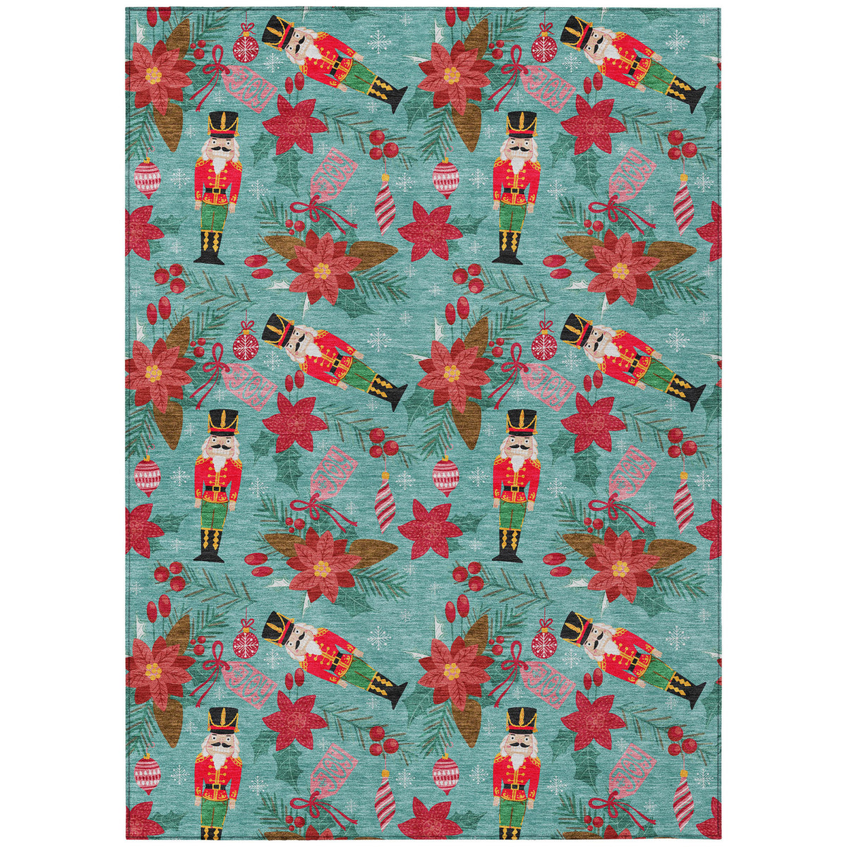 Area Rug, 9 x 12 Ft in Teal with Holiday Motifs