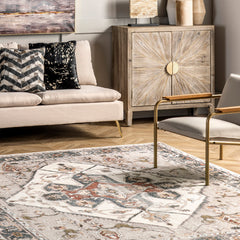 Area Rug, 9 x 12 ft, Ivory/Gray Polyester with Non-Slip Backing