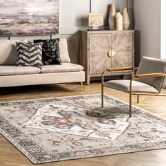Area Rug, 9 x 12 ft, Ivory/Gray Polyester with Non-Slip Backing