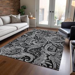 Area Rug, 9 x 12 ft, Paisley Pattern in Gray and Black