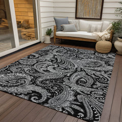 Area Rug, 9 x 12 ft, Paisley Pattern in Gray and Black