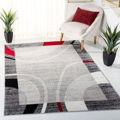 Area Rug, 9 x 12 ft, Red and Gray Geometric in Polypropylene