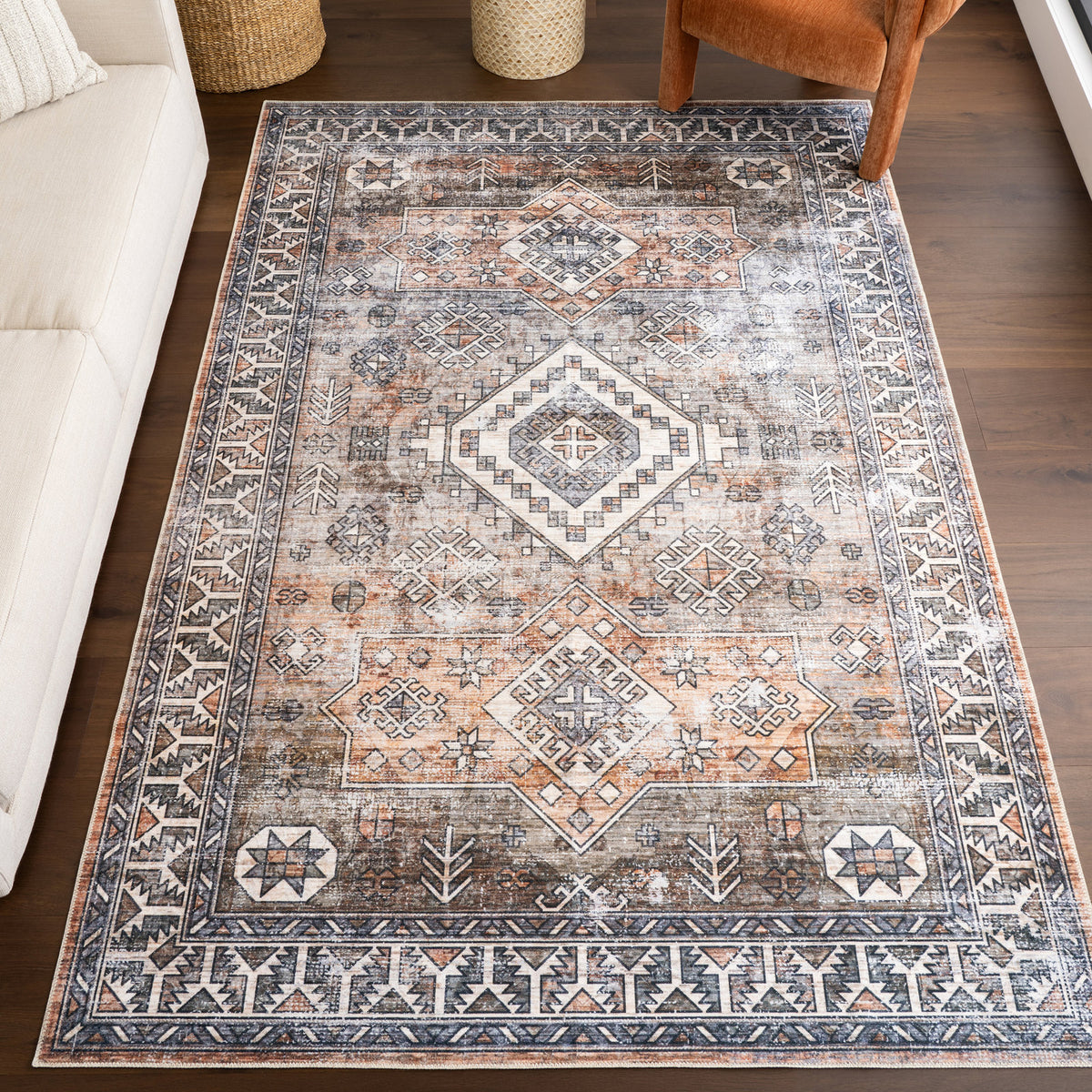 Area Rug, 9' x 12', Orange/Gray Machine Washable Polyester
