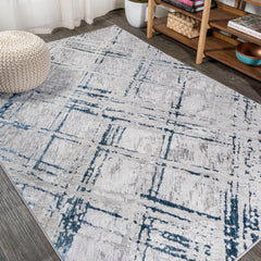 Area Rug, 93 x 120 in, Gray and Blue with Abstract Linear Pattern