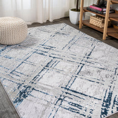 Area Rug, 93 x 120 in, Gray and Blue with Abstract Linear Pattern