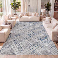 Area Rug, 93 x 120 in, Gray and Blue with Abstract Linear Pattern