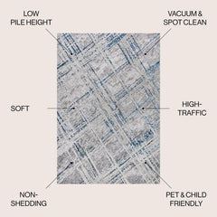 Area Rug, 93 x 120 in, Gray and Blue with Abstract Linear Pattern