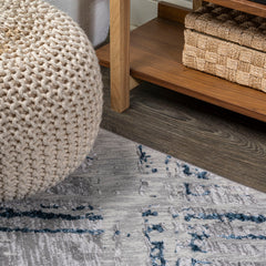 Area Rug, 93 x 120 in, Gray and Blue with Abstract Linear Pattern