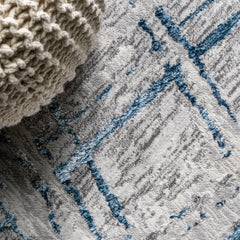 Area Rug, 93 x 120 in, Gray and Blue with Abstract Linear Pattern