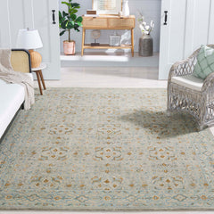 Area Rug, Cotton and Wool, Oriental Pattern in Blue and Ivory