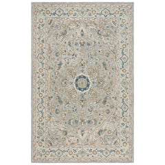Area Rug, Cotton and Wool, Oriental Pattern in Blue and Ivory