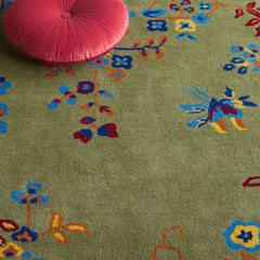 Area Rug, Hand Tufted Wool and Cotton with Green and Pink Floral