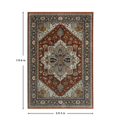 Area Rug in Polyester with Red, Ivory, and Blue Medallion Pattern
