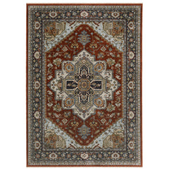 Area Rug in Polyester with Red, Ivory, and Blue Medallion Pattern