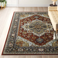 Area Rug in Polyester with Red, Ivory, and Blue Medallion Pattern