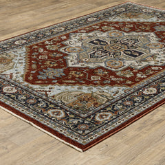 Area Rug in Polyester with Red, Ivory, and Blue Medallion Pattern