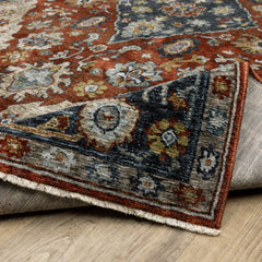 Area Rug in Polyester with Red, Ivory, and Blue Medallion Pattern