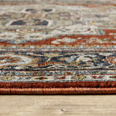 Area Rug in Polyester with Red, Ivory, and Blue Medallion Pattern