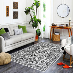 Area Rug, Polyester with Ivory and Black Floral Pattern