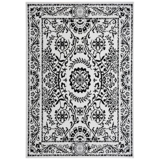 Area Rug, Polyester with Ivory and Black Floral Pattern