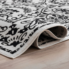 Area Rug, Polyester with Ivory and Black Floral Pattern