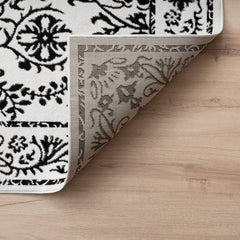 Area Rug, Polyester with Ivory and Black Floral Pattern