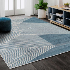 Area Rug, Rectangle 7'9" x 10'2", Blue with Ivory Geometric Lines