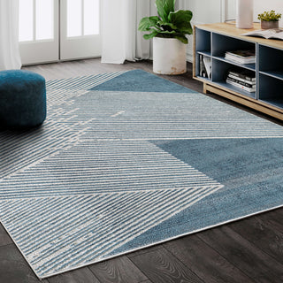 Area Rug, Rectangle 7'9" x 10'2", Blue with Ivory Geometric Lines