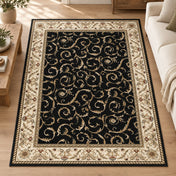 Area Rug, Rectangle 7'9" x 11', Black with Scroll Border