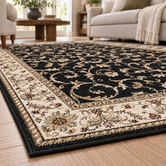 Area Rug, Rectangle 7'9" x 11', Black with Scroll Border