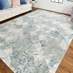 Area Rug, Rectangle 8' x 10' with Blue/Green/Ivory Abstract Pattern