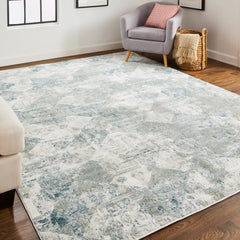 Area Rug, Rectangle 8' x 10' with Blue/Green/Ivory Abstract Pattern