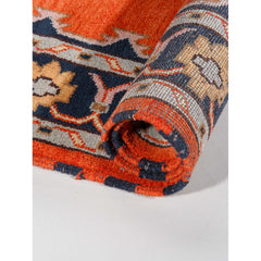 Area Rug, Round 4 ft, Wool and Silk with Navy and Orange Oriental Design