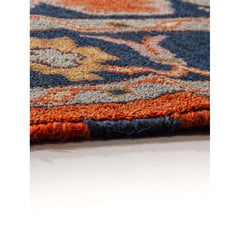 Area Rug, Round 4 ft, Wool and Silk with Navy and Orange Oriental Design