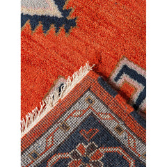 Area Rug, Round 4 ft, Wool and Silk with Navy and Orange Oriental Design