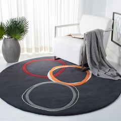 Area Rug, Round 6 Ft, Charcoal Wool with Geometric Pattern