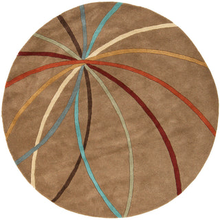 Area Rug, Round 6 Ft, Mocha Wool with Multicolor Bands