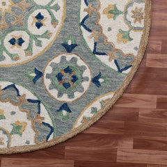 Area Rug, Round 7'3", Wool with Gray and Brown Floral Pattern