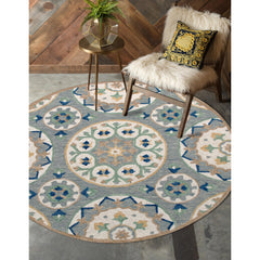 Area Rug, Round 7'3", Wool with Gray and Brown Floral Pattern