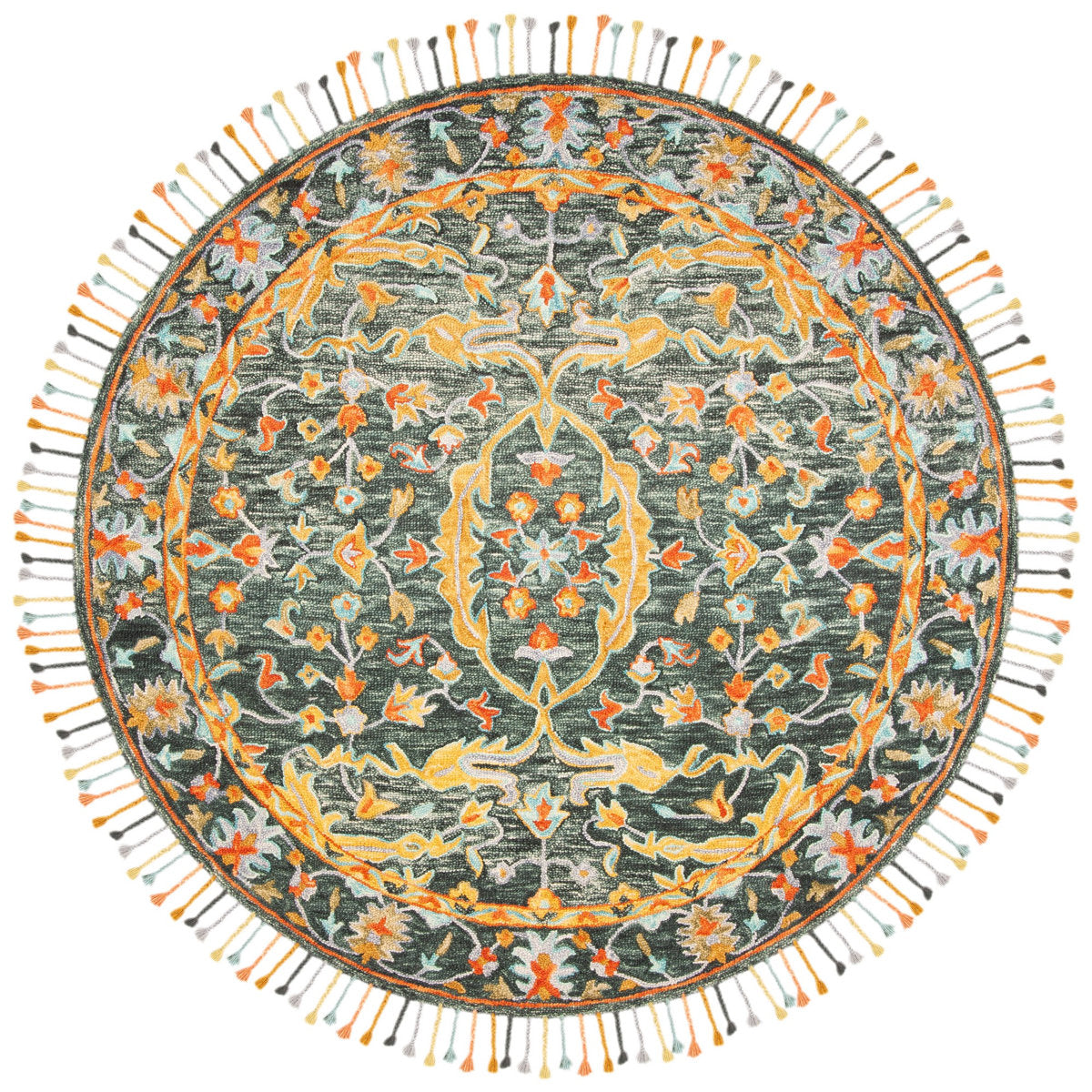 Area Rug, Round 7 ft Wool, Olive/Rust with Fringe