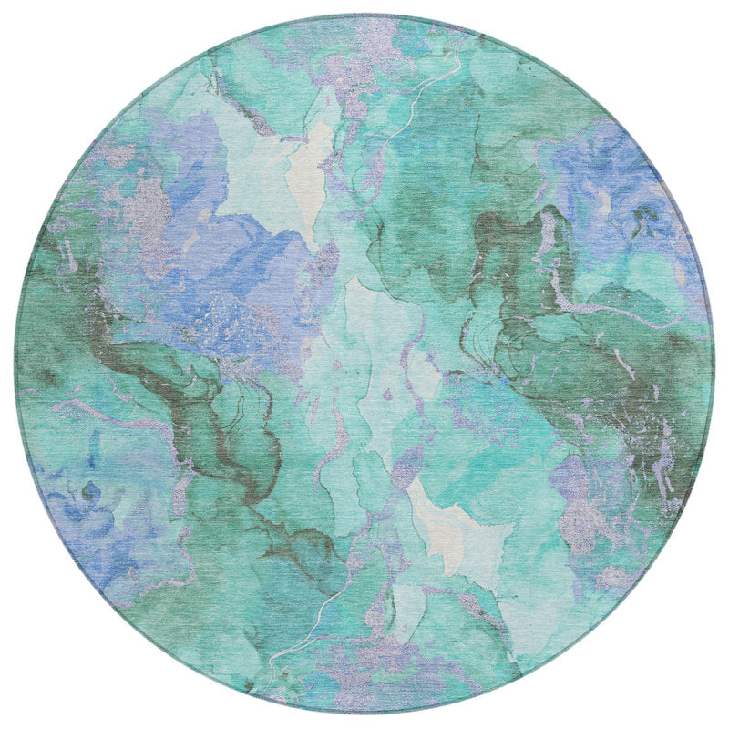 Area Rug, Round 8 ft, Teal Polyester with Abstract Pattern