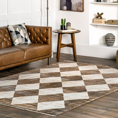 Area Rug with Checkered Pattern in Brown and Beige