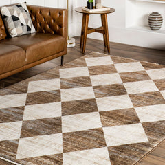 Area Rug with Checkered Pattern in Brown and Beige