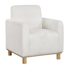 Arm Chair, White Polyester Boucle with Natural Wood Legs
