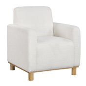 Arm Chair, White Polyester Boucle with Natural Wood Legs