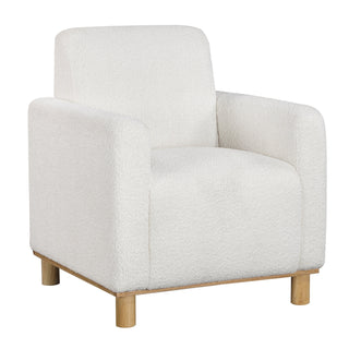 Arm Chair, White Polyester Boucle with Natural Wood Legs