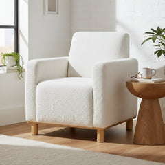 Arm Chair, White Polyester Boucle with Natural Wood Legs