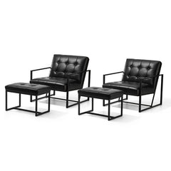 Armchair and Ottoman, Set of 2, Black Faux Leather with Metal Frame