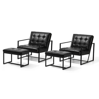Armchair and Ottoman, Set of 2, Black Faux Leather with Metal Frame